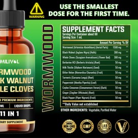 MILIVOL Wormwood Liquid Drops - Wormwood Extract Tincture with Black Walnut, Whole Cloves & 8 More Herbs - 2 Fl Oz for 60 Days Supply