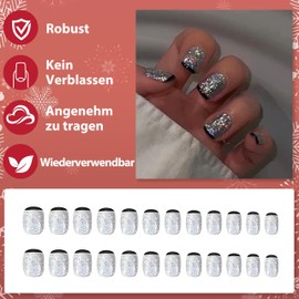 Press on Nails Short - Short Squoval Black Glitter Fake Nails Full Cover Artificial Nails with Jelly Glue, False Nails for Sticking Acrylic Artificial Fingernails for DIY (Black Glitter, 24 x)