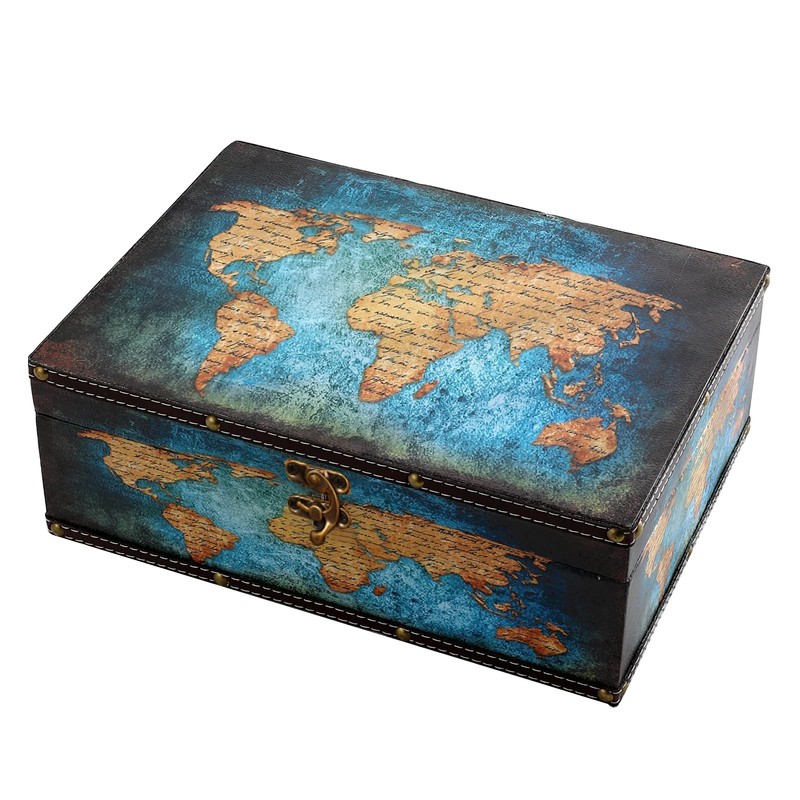 LIKEUDO Wooden Decorative Jewelry Storage Box with Map Pattern Treasure
