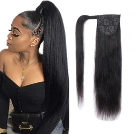 Straight Human Hair Ponytail Clip in Extensions, 100% Unprocessed Brazilian Hair Magic Strap Wrap Around Ponytails, Magic Paste with Comb Clip on Silky Straight (26 Inch, Straight, Wrap Around)