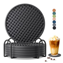 Coga Drink Coasters Set of 6 with Holder, Silicone Coasters Tabletop Protection for Any Table Type, Wood, Stone Tables, Dishwasher Safe, Coasters for Drinks Fits Any Size of Drinking Glasses (Black)