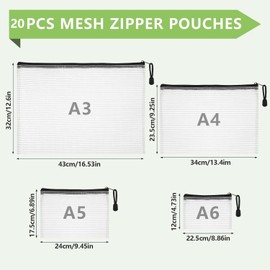 Haiabei 20 Pcs Mesh Zipper Documents Bags Waterproof Plastic Pencil Pouches Clear Cosmetic Storage Pouches 4 Sizes Black Travel Bags with Zipper for School Office Supplies Home Travel Organizing