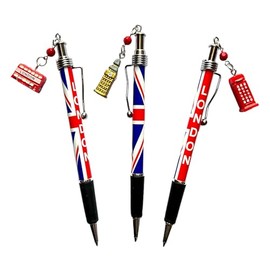 London Landmarks Charm Pen: Union Jack Pens with London Bus, Telephone Box, and Big Ben Charms (Set of 3) (3 x Mix charms)