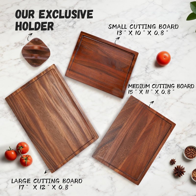 3-Piece 100% Natural Solid Walnut Cutting Boards, Chopping Blocks with