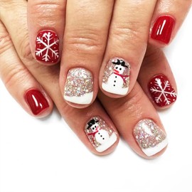 24Pcs Cartoon Snowman Press on Nails Christmas Snowflake False Nails Glossy Silver Glitter Snowing Acrylic Fake Nails French Gel Glue on Nails Snowflake Stick on Short Square Nails for New Years Gift