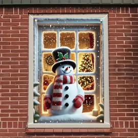 Saoplasa Christmas Party Banner 47x31 Inch Snowman Window Cover Holiday Decor Frosted Pane Scene with Top Hat Holly Red White Stripe Scarf Mittens Winter Wonderland Backdrop for Home Classroom Office