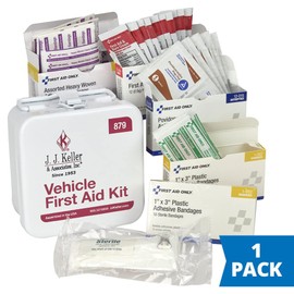 Truck First Aid Kit with Heavy-Duty Steel Travel Case - 4.5" x 4.5" x 2.375" - J. J. Keller & Associates - Includes Necessary First Aid Supplies - Antibiotic Ointment, Bandaids, Iodine Swabs & More