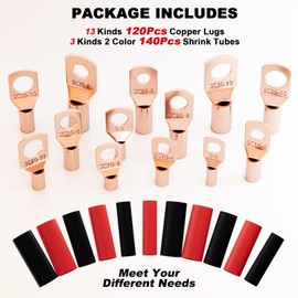 Sanuke 260pcs Copper Wire Lugs Connectors Kit AWG 12 10 8 6 4 2 with Heat Shrink, 120pcs Battery Cable Lugs Ends Ring Terminals Connectors and 140pcs Heat Shrink Tubing