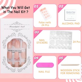 24Pcs Square False Nails, Pink Tip, Nude, Press On, Removable, Glue On, Acrylic, Pretty Squoval French Stick on Nails for Women and Teens Gifts