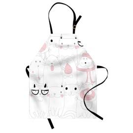 Lunarable Kitten Apron, Many Faced Bunch of Happy Sad Sleepy Sassy Cat Caricature Theme, Unisex Kitchen Bib with Adjustable Neck for Cooking Gardening, Adult Size, White Pale Pink