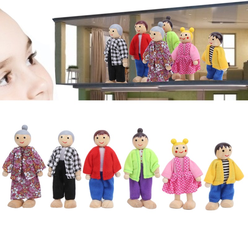 Family Doll Figures Pine Miniature People Toy Set Ornament Educational
