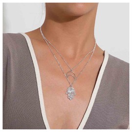 Inilbran Boho Layered Crescent Moon Choker Necklace Silver Hamsa Hand Pendant Necklace Choker Hollow Crescent Moon Necklace Chain Vintage Hamsa Necklace Chain Jewellery for Women and Girls