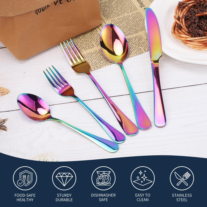 Knifes Forks Spoons Rainbow Silverware Set for 4，20-Piece Stainless Steel