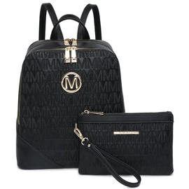 MKP Women Fashion Double Zipper Medium School Backpack Purse PU Leather Ladies Travel Shoulder Bag Set 2Pcs backpackeyes - Color: Black-1