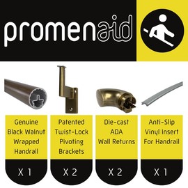 Promenaid 2ft ADA Handrail Kit - Walnut - Complete Indoor Handrail for Stairs - 1.6" Round Genuine Wood Wrapped Aluminum Core Railing with 2 Brass Painted Pivoting Brackets & ADA Wall Returns