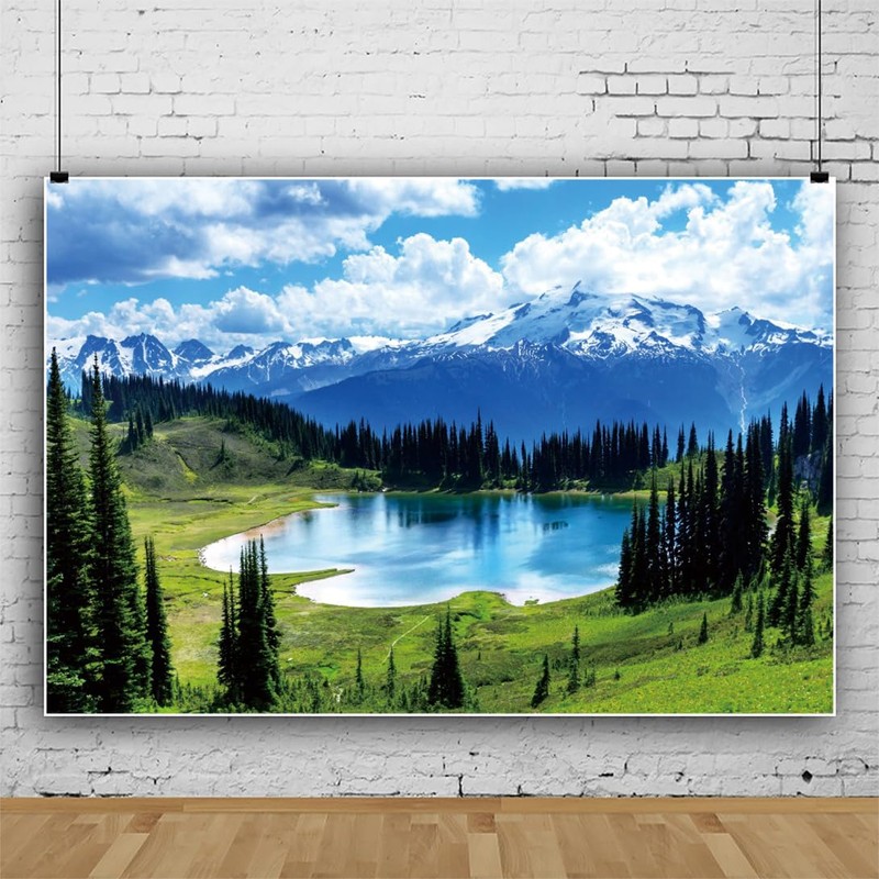 Lake Snow Mountain Pine Forest Backdrop 5x3ft Spring Background