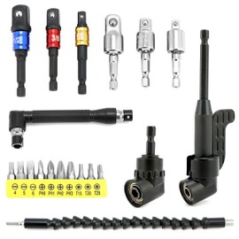 QWORK® Set of 20, 2 x 105° angle screwdriver attachment adapter, 1 x drill extension, 6 x socket adapters, 10 x silver bit, 1 x L wrench