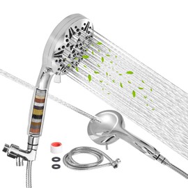 High Pressure Filtered Shower Head, Handheld Shower with 8-Mode Settings 2-Power Jet with Pause Switch, Ideal for Shower Cubicles, Tubs, and Pet Cleaning (Includes Hose & Bracket)