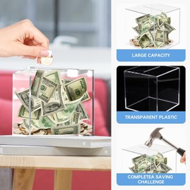 Clear Piggy Bank, Acrylic Money Bank Transparent Coins Saving Pot Cash Container Box Coin Jar Money Saving Box for Adults Kids Birthday Gifts (12x12cm)