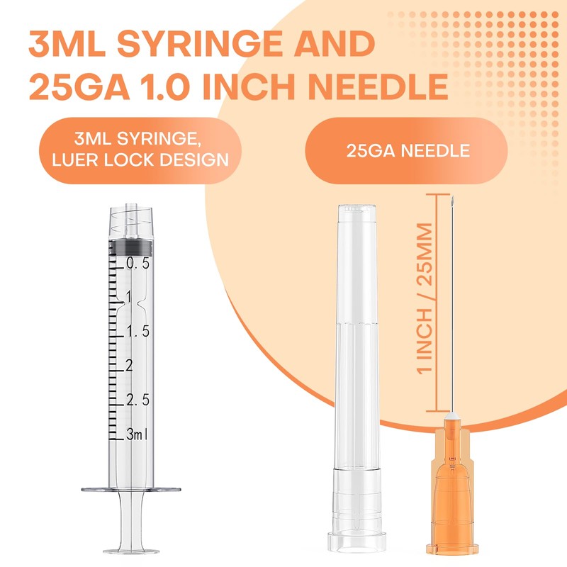 25Pcs 3ml Syringes with 25 Gauge 1 Inch Needle, Luer