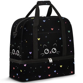 Weekender Bag for Women Man, Cute Cat Heart Animal Foldie Travel Duffel Bag with Shoe Compartment, Carry on Overnight Bag Sports Gym Bag for Airplanes Yoga Dance Beach Swim Hospital,A-05