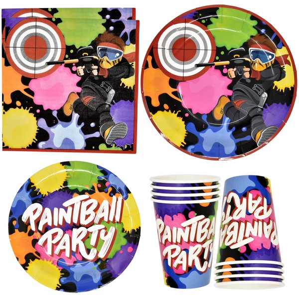 Paintball Party Supplies Disposable Tableware Set 24 9" Paper Plates 24 7" Plate 24 9 Oz Cup 50 Lunch Napkin for Paint Ball Gun Shooting Splatter Bomb Buster Splash Rainbow Color Theme Birthday Decor