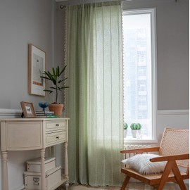 Sutuo Home Boho Curtain for Bedroom 84 Inch Length, Light Filtering Farmhouse Vintage Chic Tassels Window Treatment Bohemian Embroidery Drape, Rod Pocket 1 Panel 52" W x 84" L, Sage Green