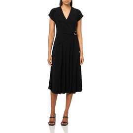 Halston Women's Short Sleeve V-Neck Jersey Mini Flare Dress, Black