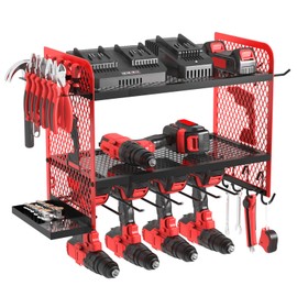 AZBESTPRO Power Tool Organizer Wall Mount Heavy Duty, 3 Tier 4 Drill Holder 17 Inch, Tool Holder and Storage Rack for Garage Organization (Red)