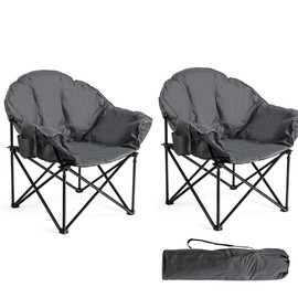 Tangkula Oversized Camping Chair, Outdoor Padded Folding Chair with Cup Holder, Moon Round Saucer Club Chair, Outside Foldable Camp Chair with Carry Bag for Picnic, Fishing, Hiking, Beach (2, Grey)