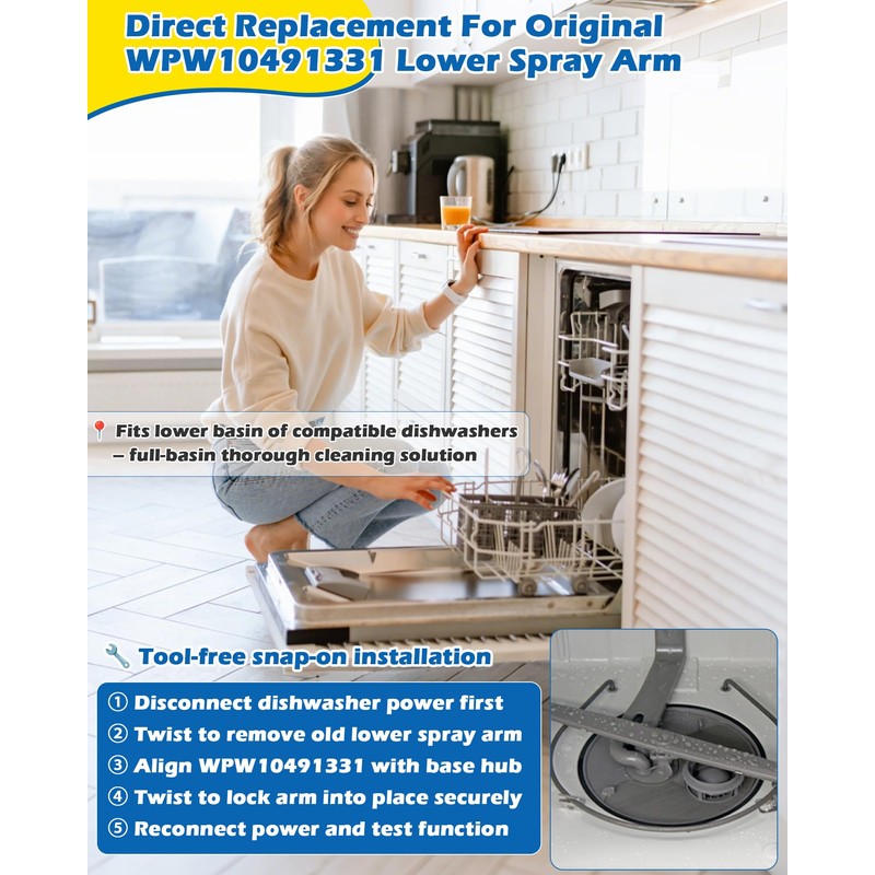 WPW10491331 Dishwasher Lower Spray Arm Fits Whirlpool Maytag Amana Admiral