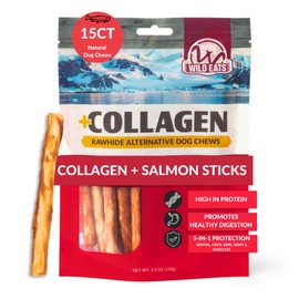 Wild Eats Real Salmon Collagen Sticks for Dogs, (15ct, 1cm Thick) Healthy Bully Stick - Long Lasting Dog Chew Treat