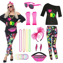 TOLOYE 80s Fancy Dress for Women, 80s Costume Outfit with 80s Neon Accessories, 1980s T Shirt Pantalon Fanny Pack, 80s Disco Fancy Dress, 80's Vintage Hippie Costume for Carnival Party