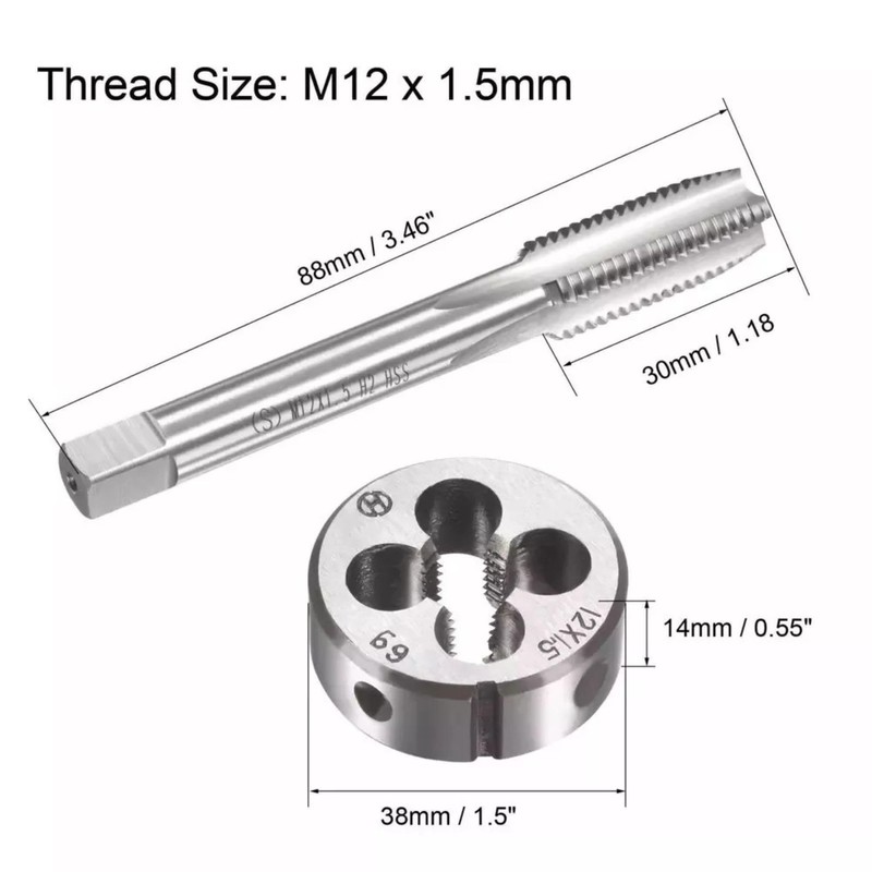 M12 x 1.5mm Metric Tap and Die Set HSS Machine