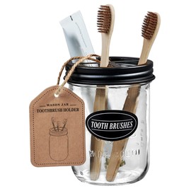 Komashr Mason Jar Toothbrush Holder -Black - with 16 Ounce Mason Jar,Premium Rustproof 304 Stainless Steel Lid and Chalkboard Labels - Rustic Farmhouse Decor Black Bathroom Accessories