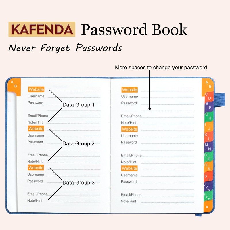 KAFENDA Password Book with Alphabetical Tabs, Address Book for Website