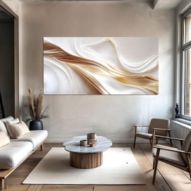 Tailored Canvases Abstract Gold and White Wall Art – Luxury Modern Canvas Print for Living Room – Elegant Minimalist Artwork, Large Neutral Toned Wall Decor, Framed Contemporary Statement Piece 10x20