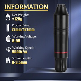 Máquina rotativa de tatuaje, ATOMUS estilo pluma de tatuaje, cartucho de máquina de sombra con cable DC 9000r/m motor de aleación de zinc kit de máquina de tatuaje para arte corporal tatuaje, Negro