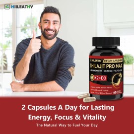 Shilajit Supplement with K2 & D3 - Premium Fulvic Acid & 84+ Minerals for Immune Support, Energy & Anti-Aging - 60 Capsules