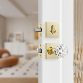 Leydebong 1 Pack Single Cylinder Deadbolt and Crystal Glass Passage Door Knob Combo Set, Polished Brass Door Lock Sets, Keyd Alike Door Knob Sets