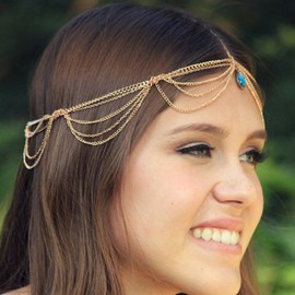 Yean Boho Turquoise Hair Chain Gold Bridal Head Chain Beach Pendant Hair Jewelry for Women and Girls