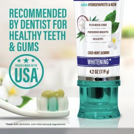 Hydroxyapatite Toothpaste – Fluoride & SLS-Free, Natural CocoMint Jasmine Flavor, Freshens Breath, Fights Plaque, 4.2oz