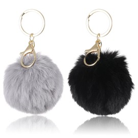 letcdfer Pom Pom Keyring Fluffy Faux Fur Fluffy Balls Keycjain Grey & Black Cute Pompom Keychain Matches with Car Keys, Handbags