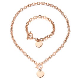 WangGao Heart Charms Jewelry Sets Stainless Steel Love Cable Link Chain Necklace & Bracelet for Women with Toggle Clasp
