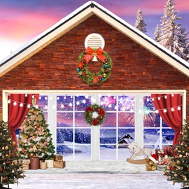 Christmas Garage Door Decorations Cover Banner Backdrop,Winter Holiday Garage Door Cover Banner,Snowy Pine Forest Window Xmas Tree Gift Xmas Garage Door Banner Outdoor Holiday Decorations 7x16ft Large