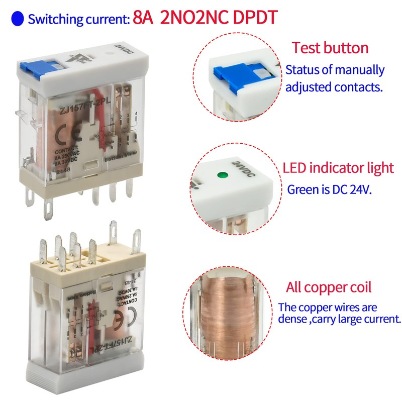 24 Volt Relay with Test Button Miniature 8Amp DPDT with