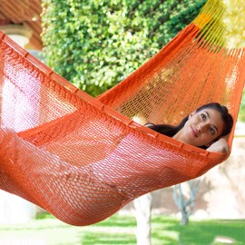 NOVICA Bright Orange Hand Woven Cotton Mayan 1 Person Rope Hammock with Hanging Accessories, 'Mango Paradise' (Single)