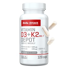 Body Attack Vitamin D3 + K2 Depot, 120 Capsules - Only 1 Capsule per Week, High Dose, Vitamin D3 5600 I.E. 140 mcg, Vitamin K2 MK-7 100 μg, for Muscles and Bones, Vegan