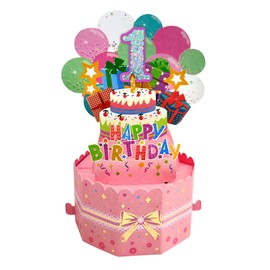1 Year 3D Pop Up Birthday Card, Pink Greeting Card with Envelope, Girls Greeting Cards Birthday Card for 1st Baby Shower, Baby Shower Party