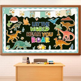 ojustbeok 60pcs Dinosaur Bulletin Board Classroom Decorations Summer Animal Let The World Hear You Roar Cutouts Back to School Decoration Jungle Cutout Border for School Door Wall